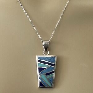 VTG Pendant Necklace 15.5 Inch Turquoise Denim Lapis Italy 925 Sterling‎ 7.8g